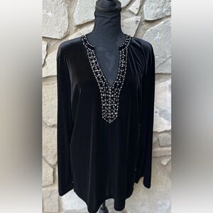 Reba Black Velvet Tunic Top Size XL Rhinestone Accents Full Long Sleeves NEW